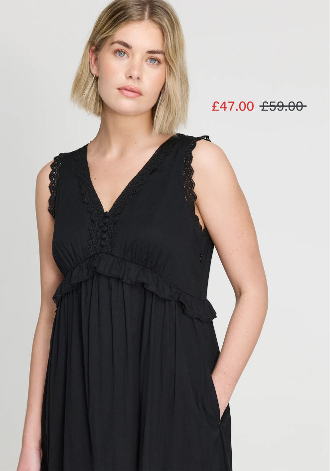 Myriam Black Cotton Lace Sleeveless Tiered Midi Dress