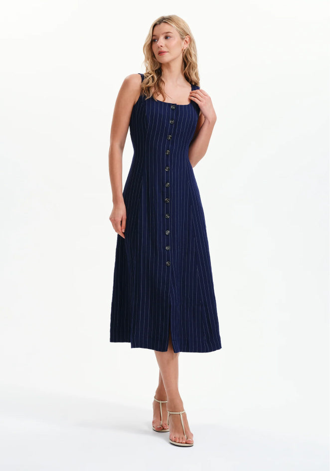 Jillian Navy Stripe Square Neck Sleeveless Button-Through Midi Dress