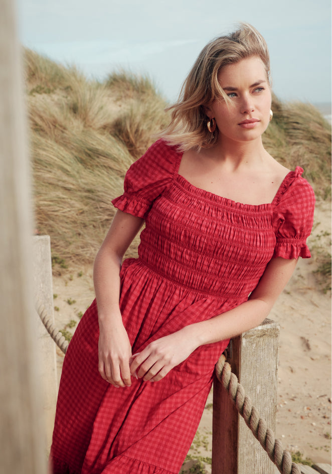 Dawn Pink Gingham Seersucker Shirred Bodice Midi Dress