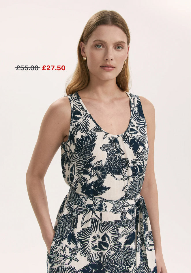 Marta Navy Flower Linen Blend Sleeveless Midi Dress