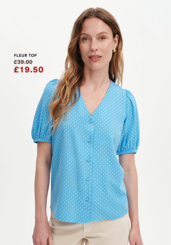 Fleur Blue Polka Dot Puff Sleeve Button-Through Top