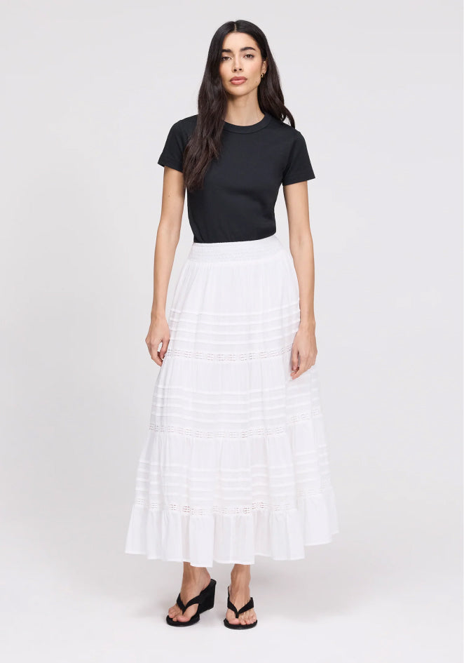 Imani White Cotton Lace Tiered Midi Skirt