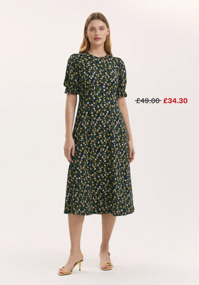 Lenisha Yellow Flower Jersey Midi Tea Dress