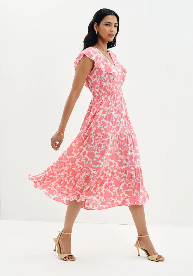 Mattie Pink Floral Frill Sleeve Empire Waist Tiered Midi Dress