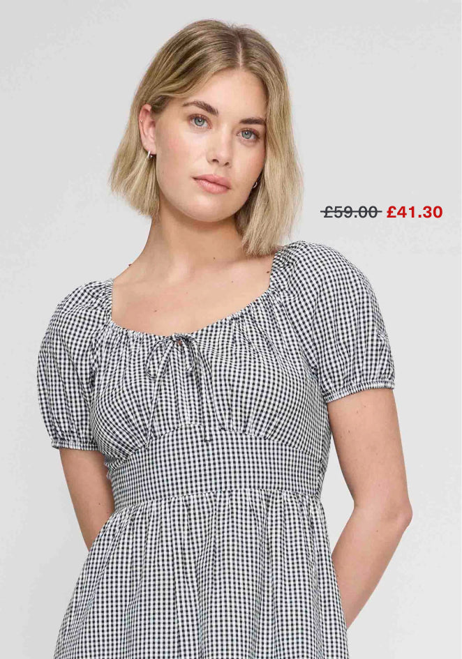 Kaitlyn Black Cotton Gingham Check Midi Dress