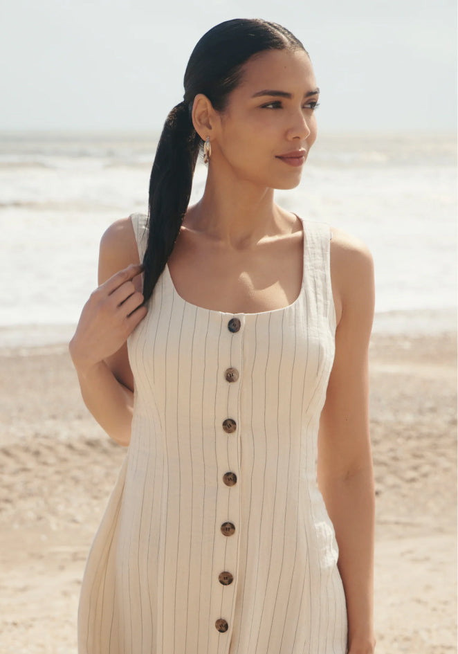 Jillian Beige Stripe Square Neck Sleeveless Button-Through Midi Dress