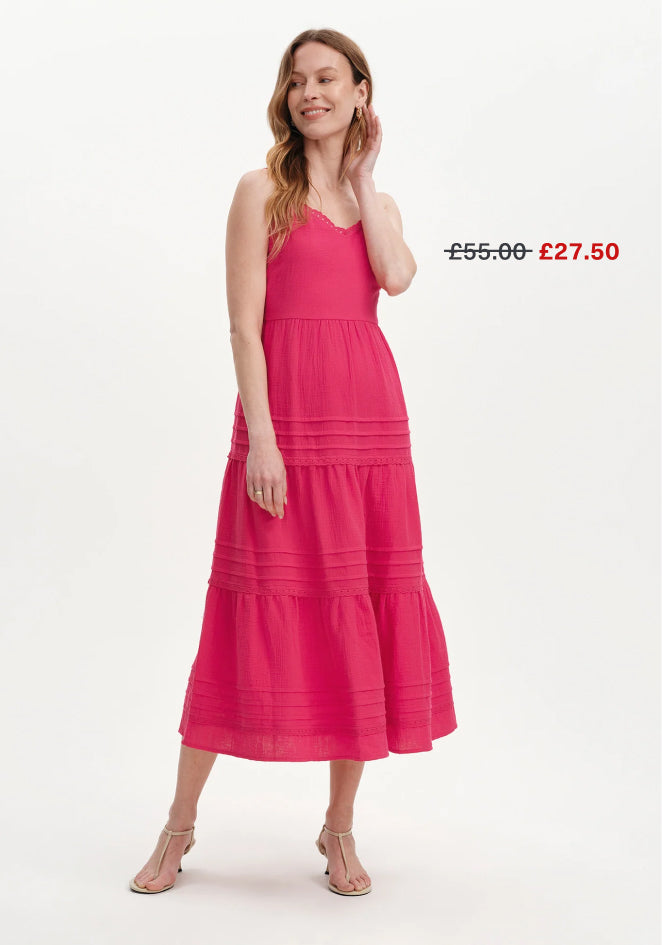 Hazel Pink Cotton Lace Trim Tiered Midi Dress