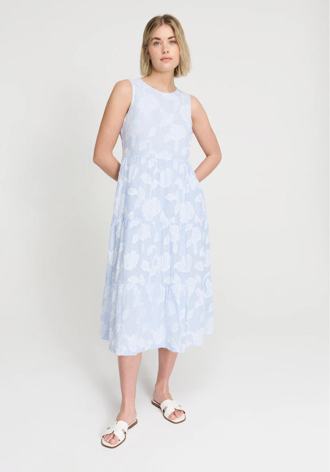 Hollie Blue Floral Jacquard Stripe Cotton Sleeveless Midi Dress