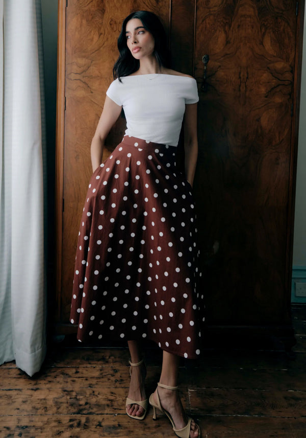 Meeka Brown Polka Dot Cotton A-Line Skirt