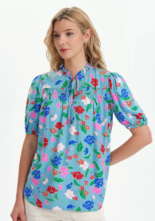Macie Blue Floral Shirred Yoke Top