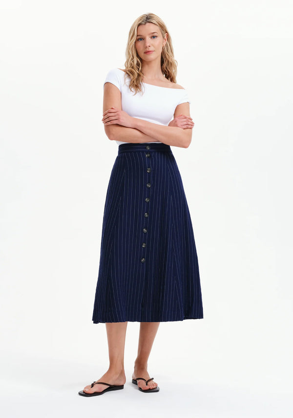 Frances Stripe Button-Through Tailored Skirt