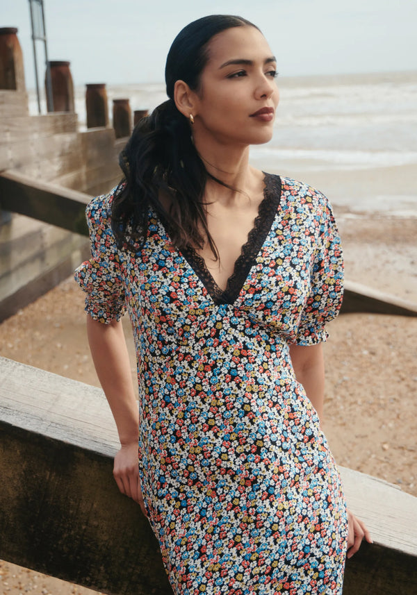 Elish Lace Trim Puff Sleeve Dress