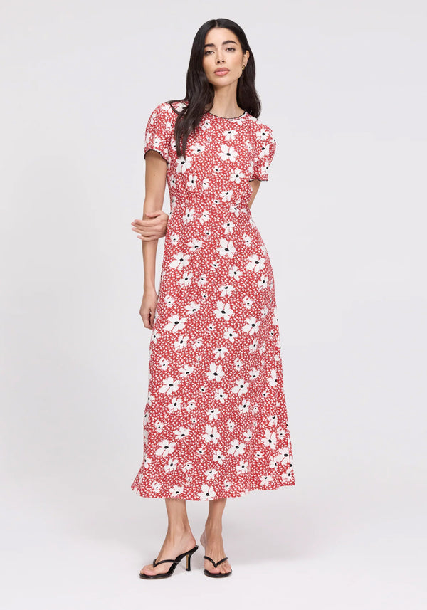 Lorna Red Ditsy Empire Waist Midi Dress