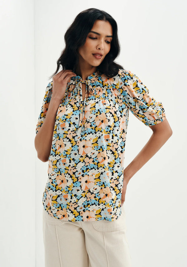Macie Peach Floral Shirred Top