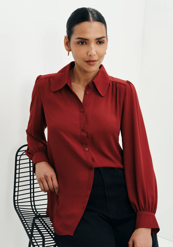 Melina Burgundy Button Through Yoke Blouse 
