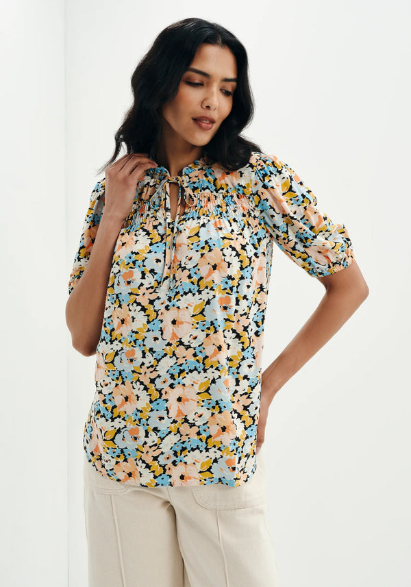 Macie Peach Floral Shirred Puff Sleeve Top