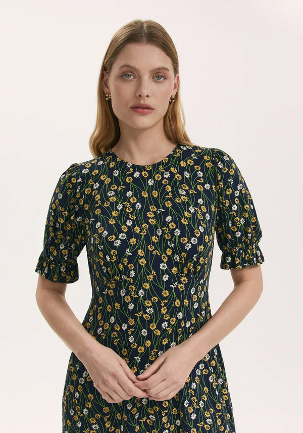 Lenisha Yellow Flower Jersey Midi Tea Dress