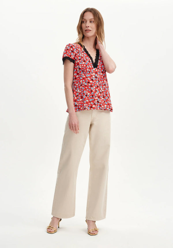 Lacie Red Ditsy Lace Trim V-Neck Top