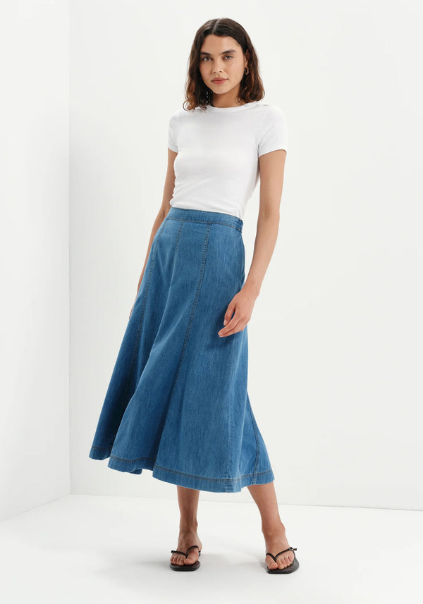 Dana Mid Blue Denim Flare A-Line Midi Skirt