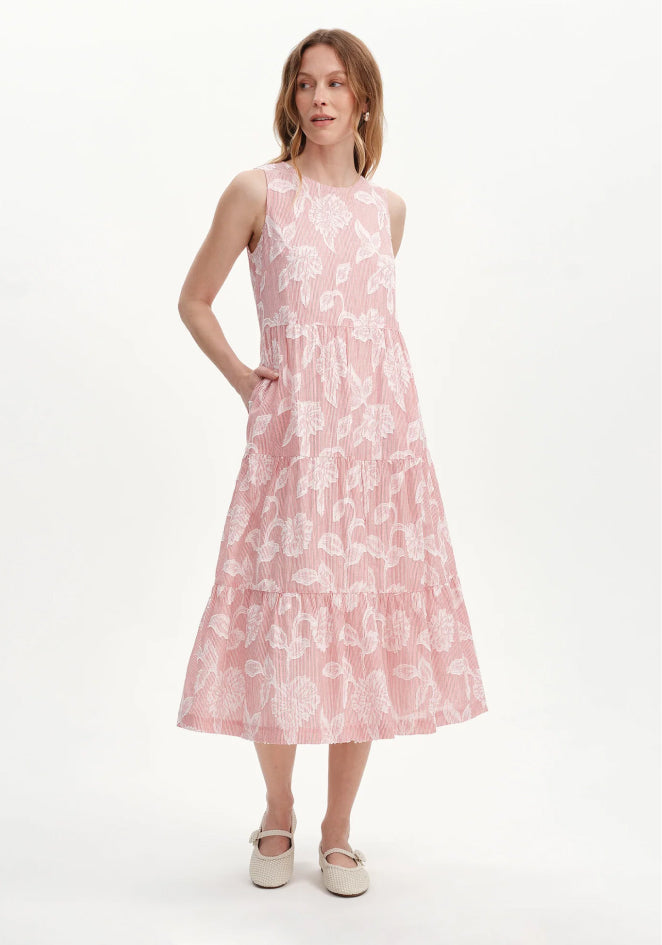 Hollie Red Floral Jacquard Stripe Cotton Sleeveless Midi Dress