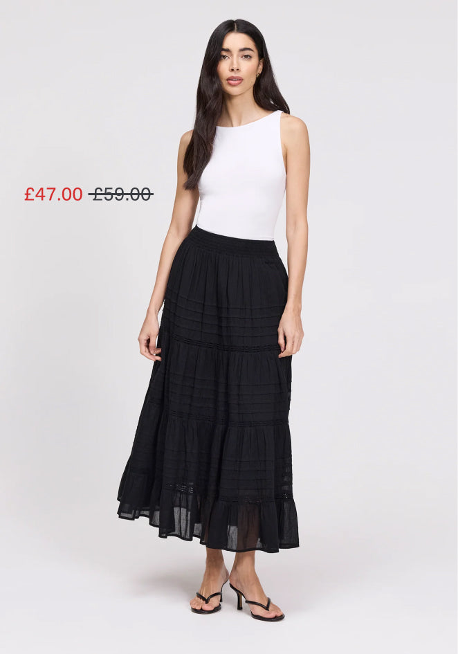 Imani Black Cotton Lace Tiered Midi Skirt