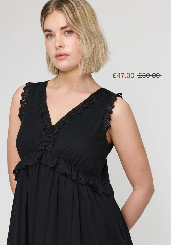 Myriam Black Cotton Lace Sleeveless Tiered Midi Dress
