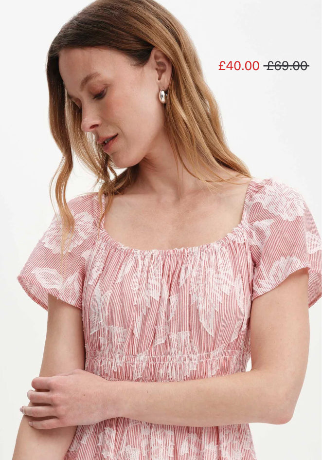Maia Red Floral Jacquard Stripe Shirred Waist Midi Dress