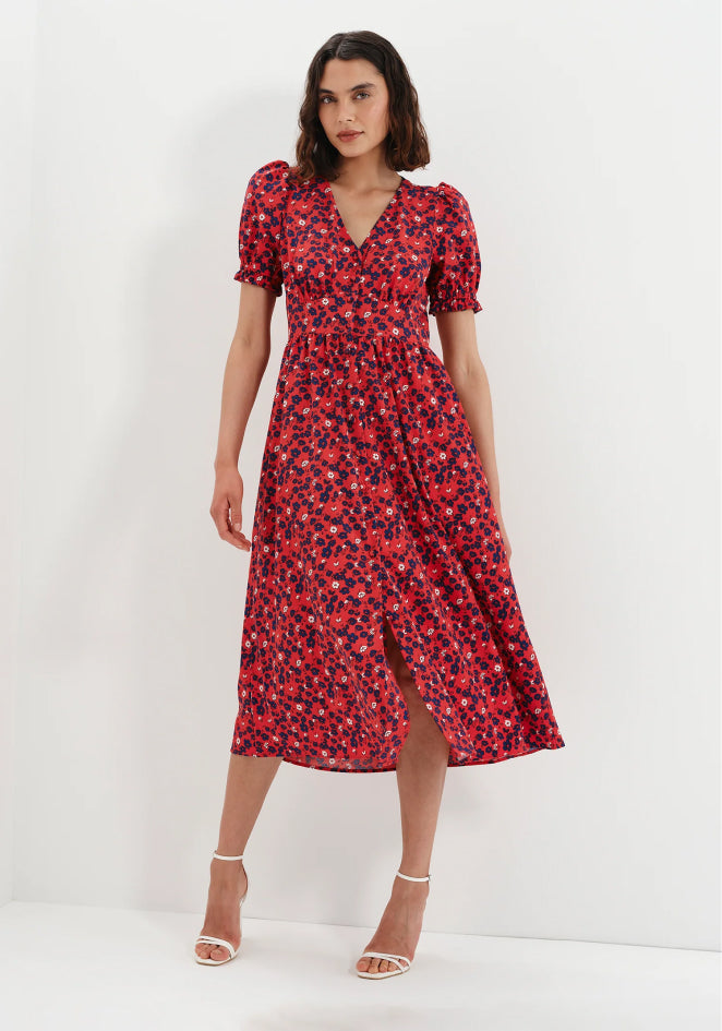 Samantha Red Floral Button Through Midi Dress