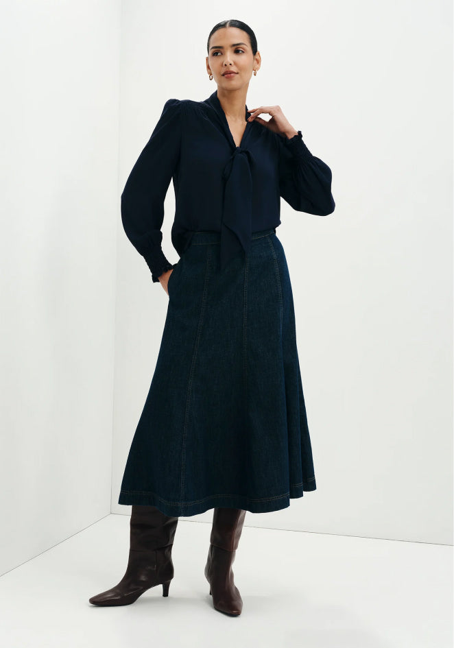 Mavis Navy Pussy Bow Button-Through Blouse