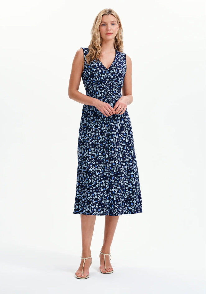 Skyla Blue Ditsy Sleeveless Button-Through Empire Waist Midi Dress