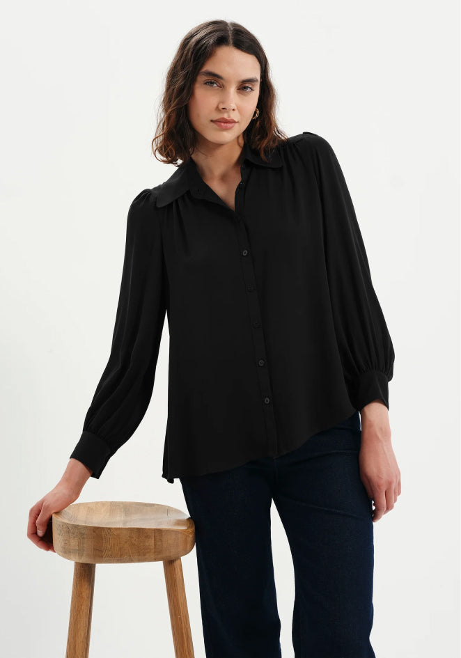 Melina Black Button Through Lightweight Yoke Blouse