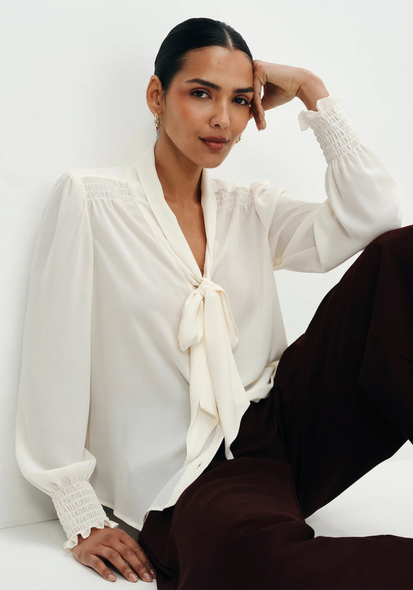 Mavis Ivory Pussy Bow Button-Through Blouse