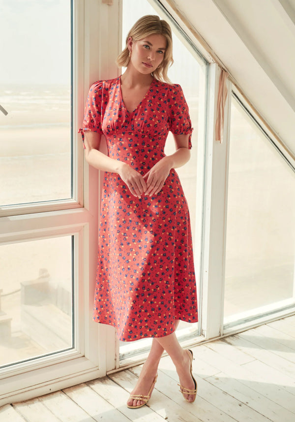 Gabriella Coral Floral Bow Detail Dress