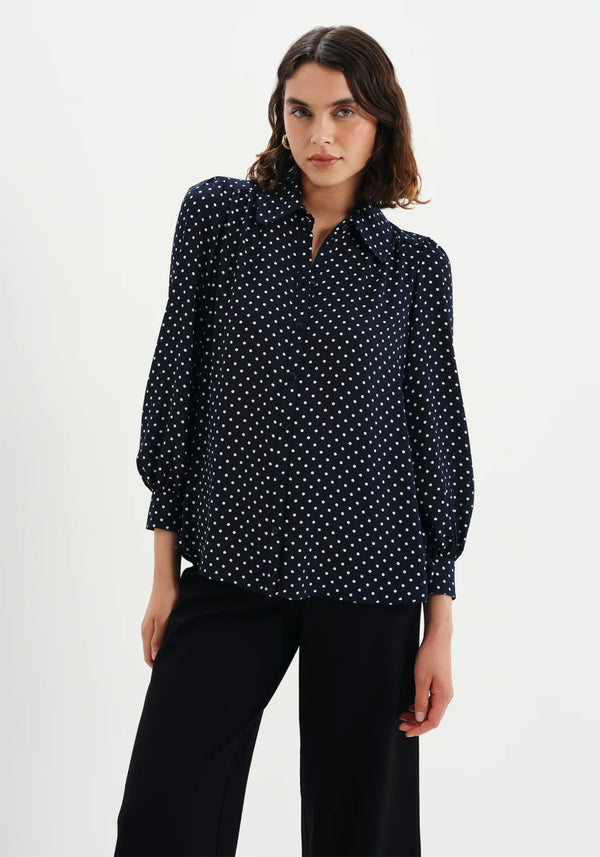 Melina Navy Polka Dot Button Through Blouse
