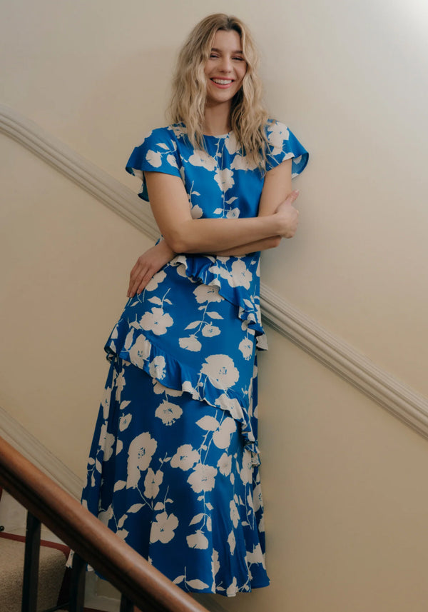 Sierra Blue Flower Asymmetric Frill Tea Dress