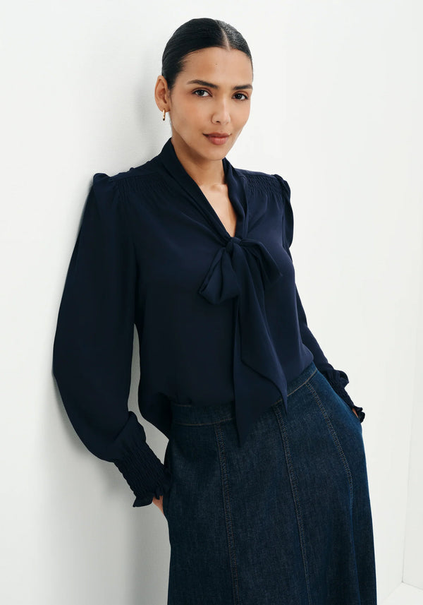 Mavis Navy Pussy Bow Button-Through Blouse