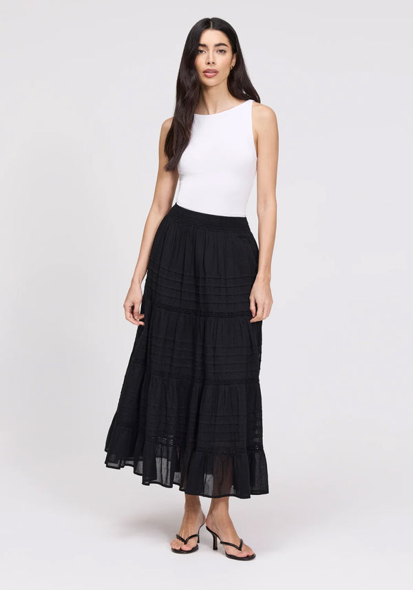 Imani Black Cotton Lace Tiered Midi Skirt