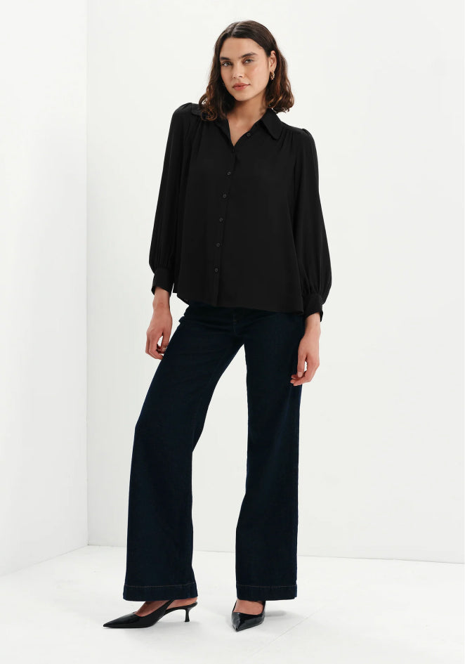 Melina Black Button Through Lightweight Yoke Blouse