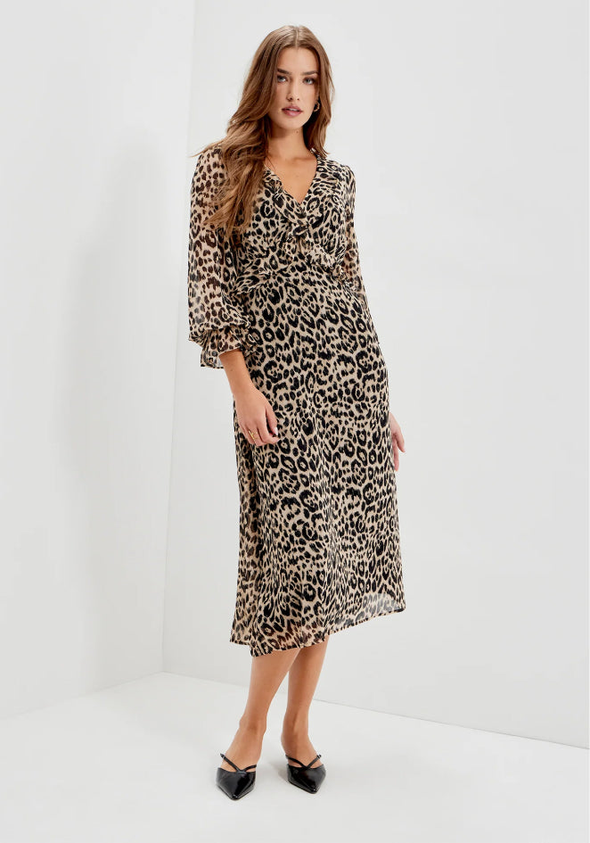 Veronica Natural Animal Ruffle Empire Waist Midi Dress