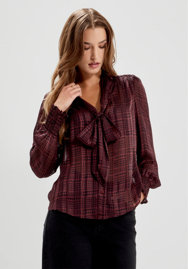 Mavis Burgundy Houndstooth Pussy Bow Button-Through Chiffon Blouse