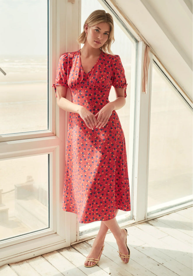 Gabriella Coral Floral Bow Detail Empire Waist Midi Dress