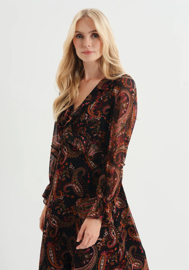 Veronica Black Paisley Ruffle Empire Waist Midi Dress