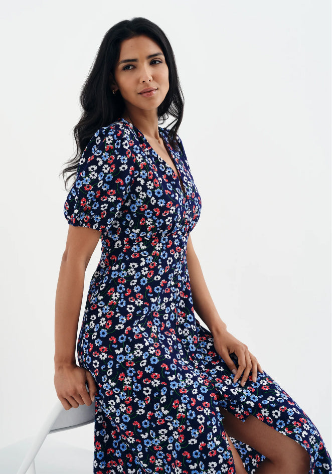 Robyn Navy Daisy Button Through V-Neck Midi Dress