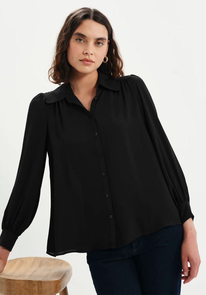Melina Black Button Through Lightweight Yoke Blouse