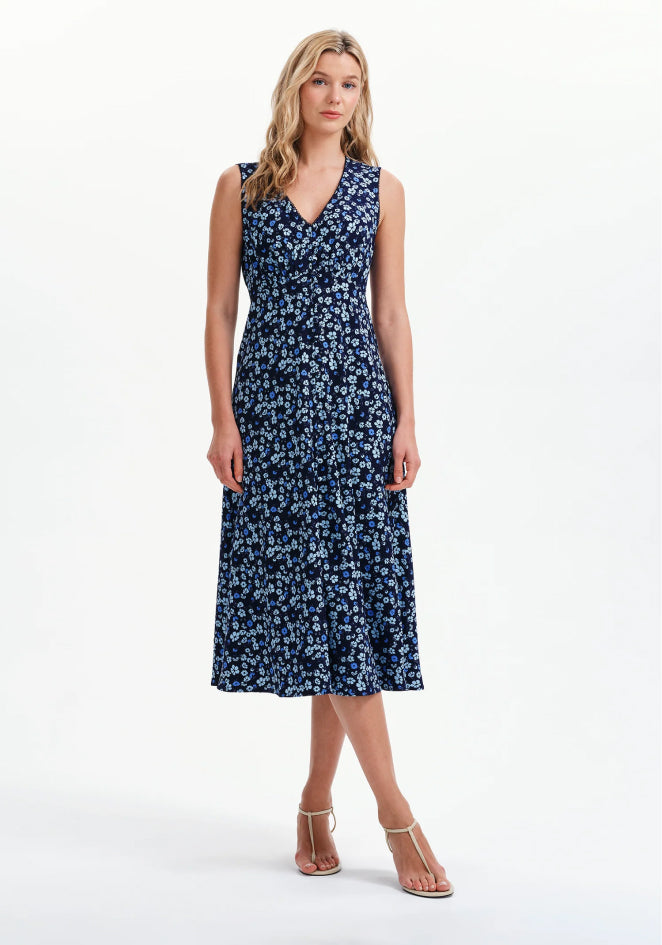 Skyla Blue Ditsy Sleeveless Button-Through Empire Waist Midi Dress