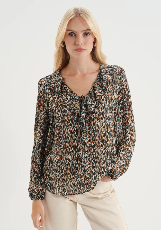 Trinity Green Abstract Animal Chiffon Ruffle Neck Blouse