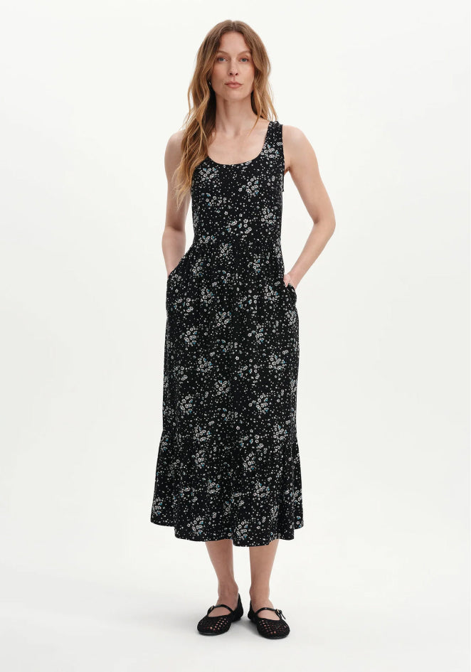 Persie Black Ditsy Tiered Sleeveless Midi Dress