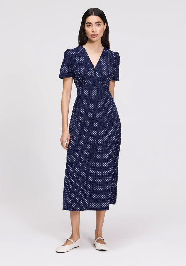 Nieve Navy Polka Dot Empire Waist V-Neck Dress