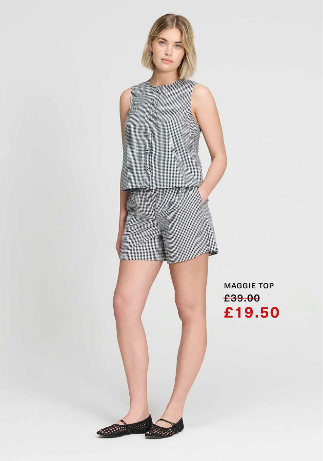 Maggie Black Gingham Cotton Sleeveless Button-Through Top