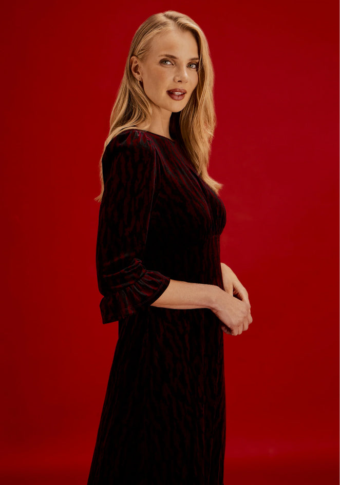 Scarlett Burgundy Zebra Velvet Ruffle Cuff Tiered Midi Dress